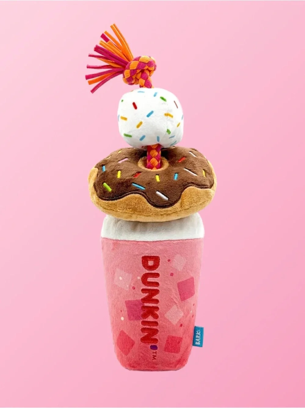 Dunkin x Barkbox Strawberry Dragonfruit Refresher & Donuts Plush Tug Dog Toy